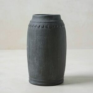 Magnolia Scalloped Black Vase - Small - Distressed Finish, Ceramic